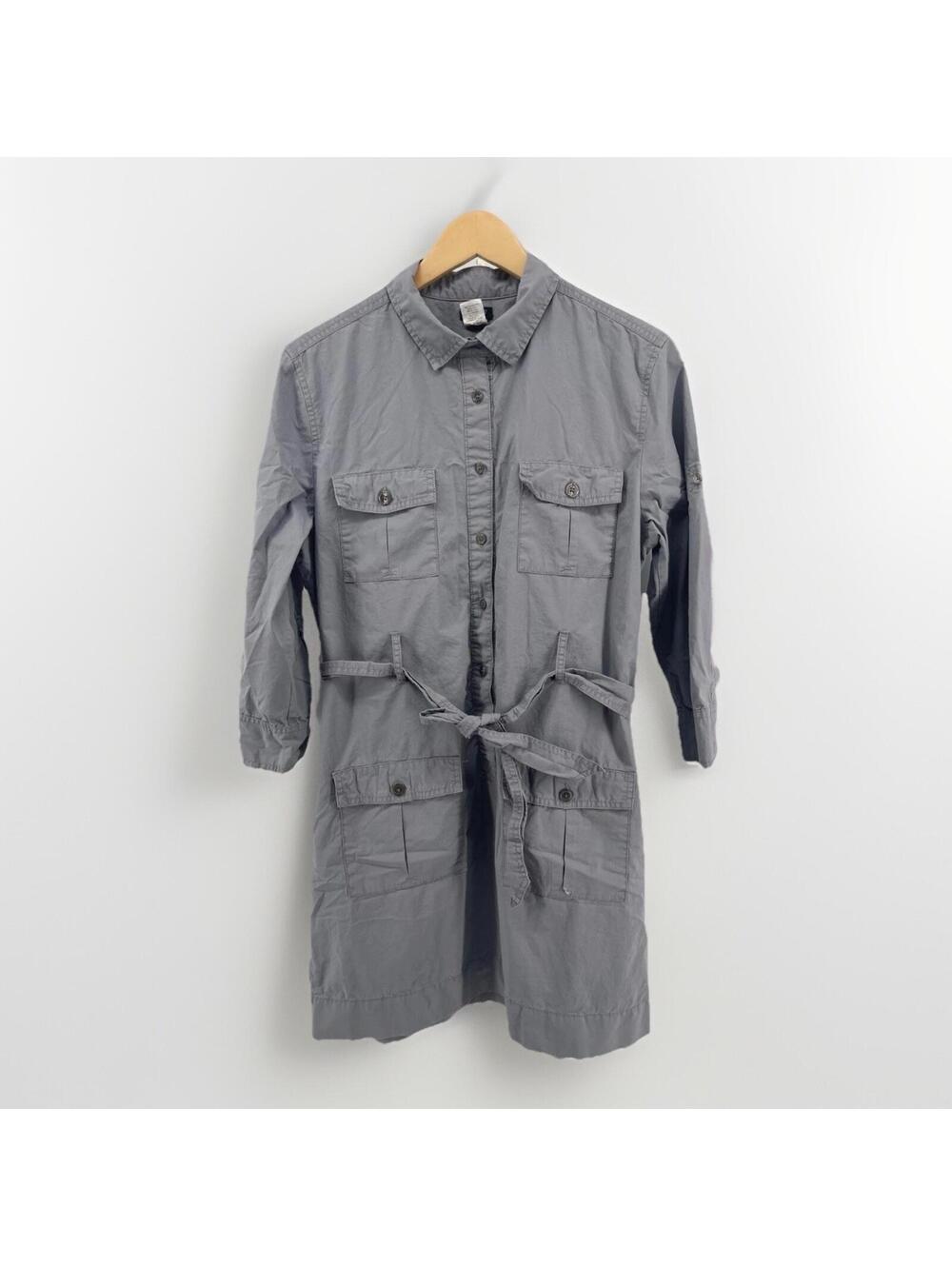 J Crew Long Sleeve Utility Shirt Dress Sz M Gray Pockets Belted Safari Classic